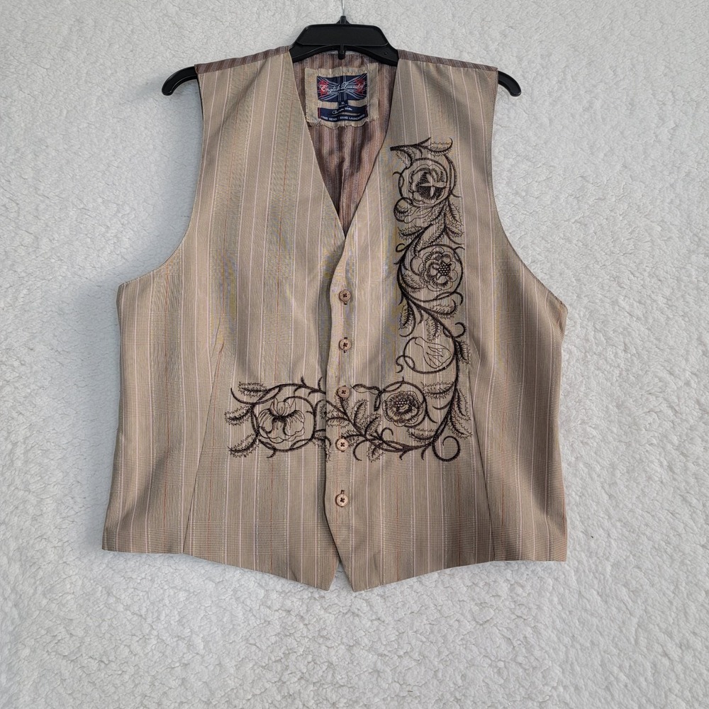 English Laundry Vest Mens XL Tan Pinstripe Embroidered Button Front Cinch Back